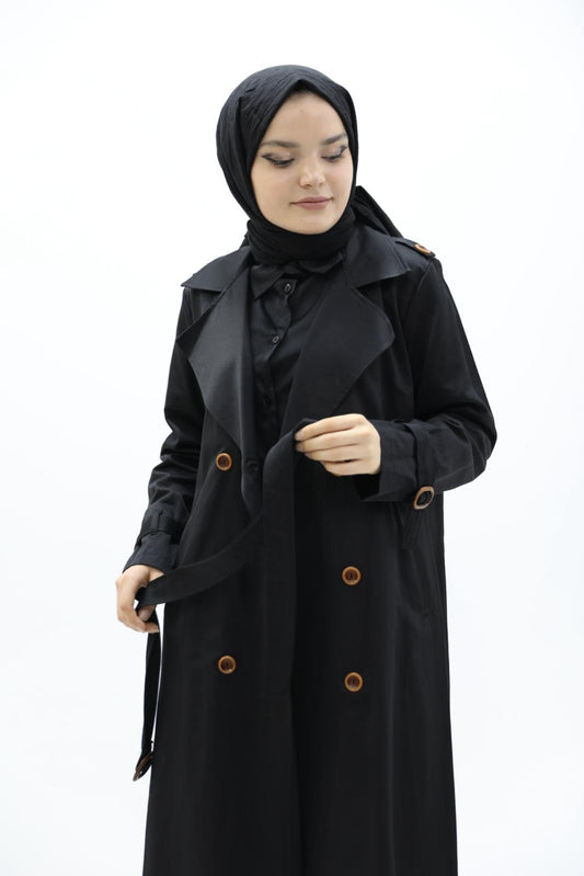 Buttoned Shoulder Trench Black