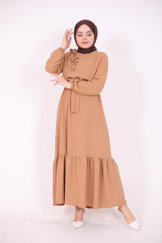 Ruffle Detailed Stone Dress Camel