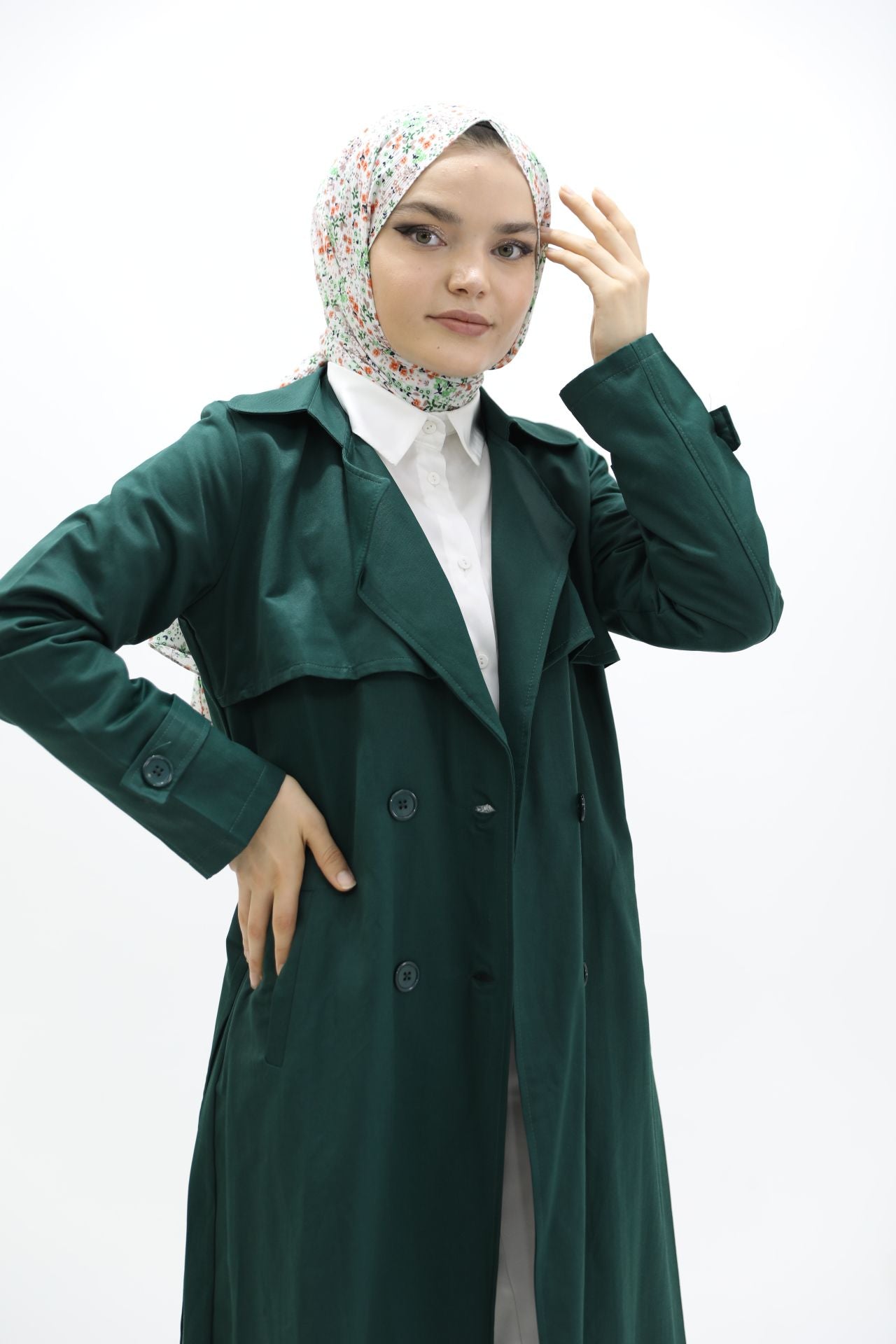 Button and Waist Lace Trench Green