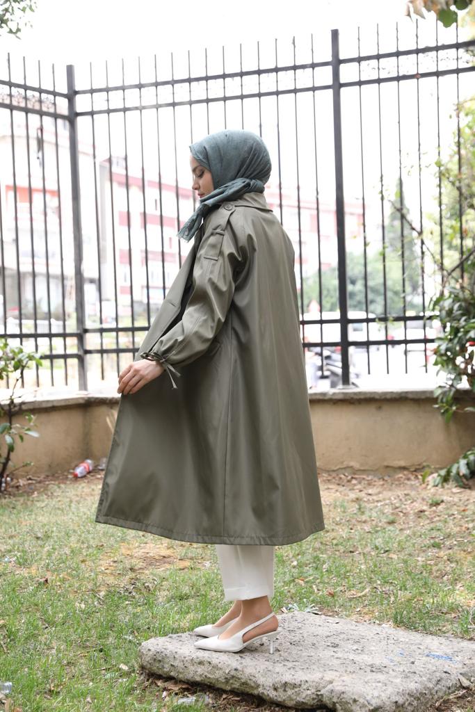 Oversized Trench with Tie Sleeves Green