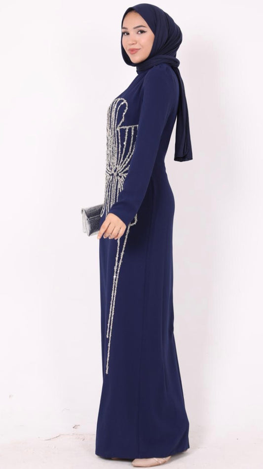Nursema Model Yaprak Desenli Abiye Lacivert