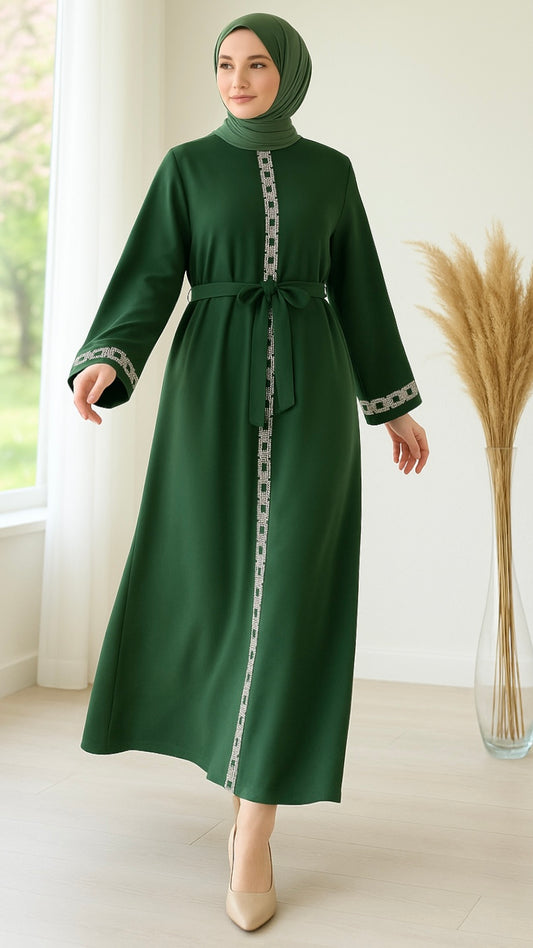Taş İşlemeli Abaya Yeşil