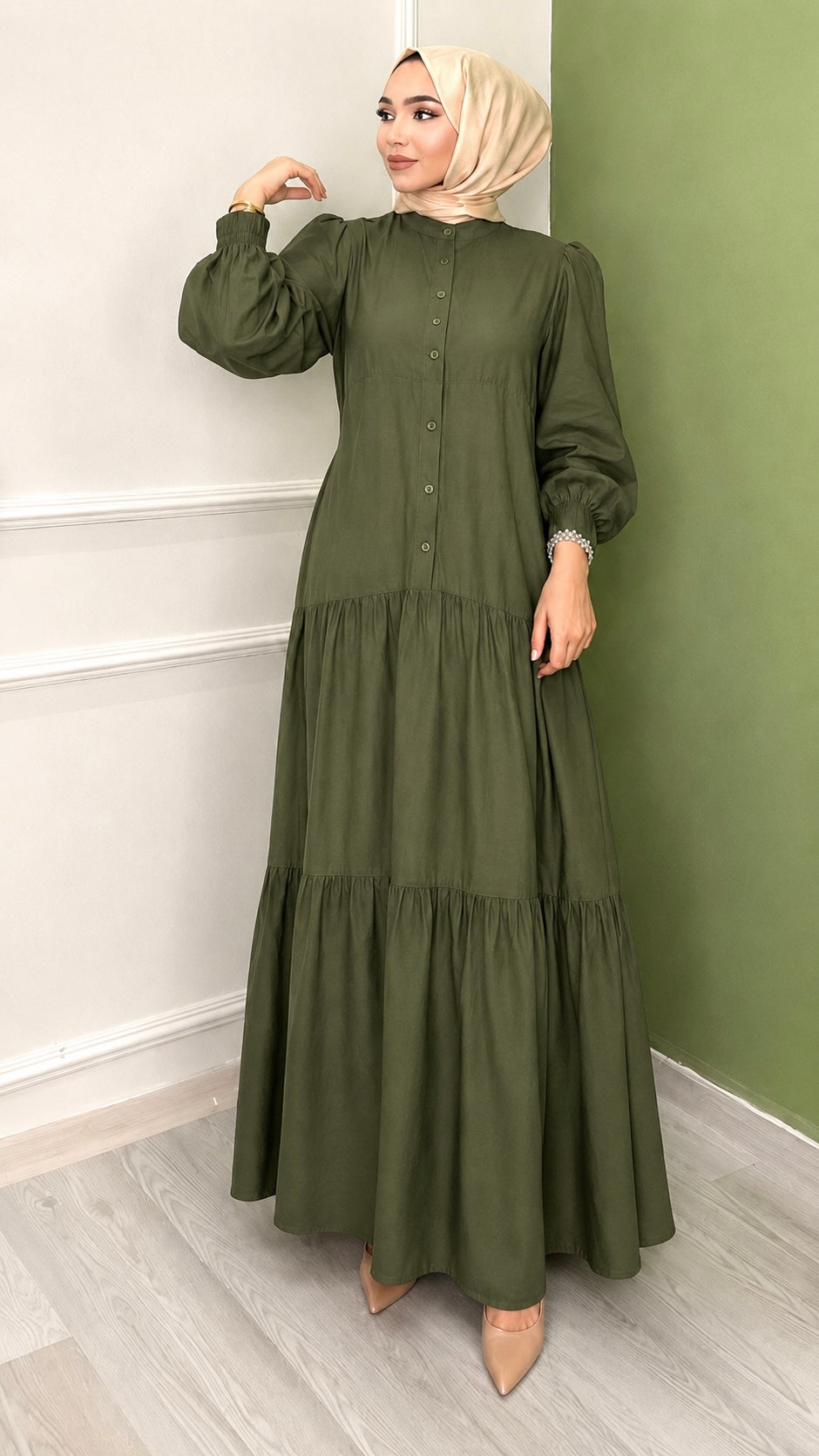 Önü Düğmeli Salaş Model Elbise Haki