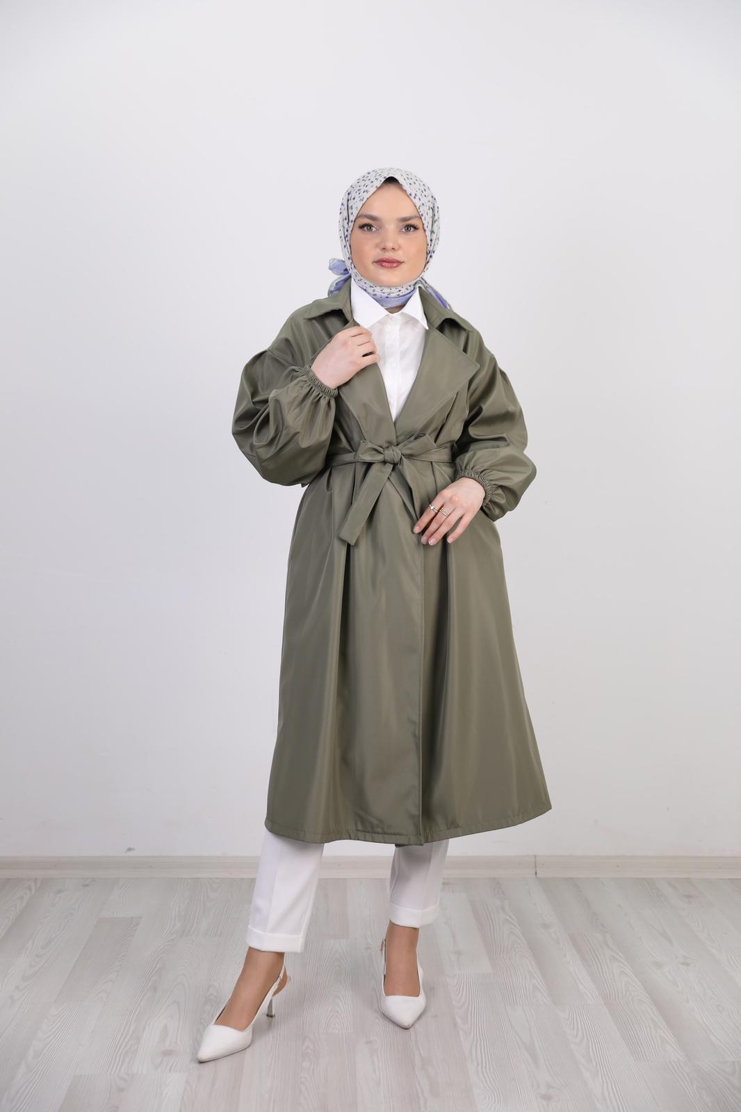 Balloon Sleeve Belted Trench Green