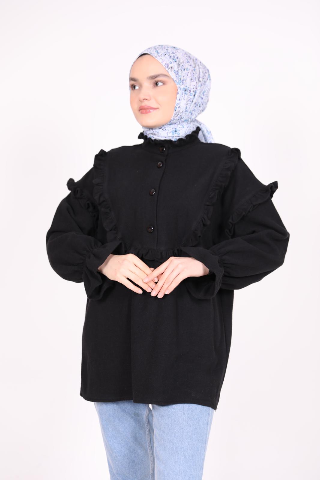Tunic with Frills on Front and Collar Black