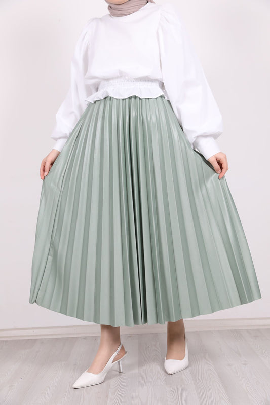 Leather Look Pleated Skirt Water Green