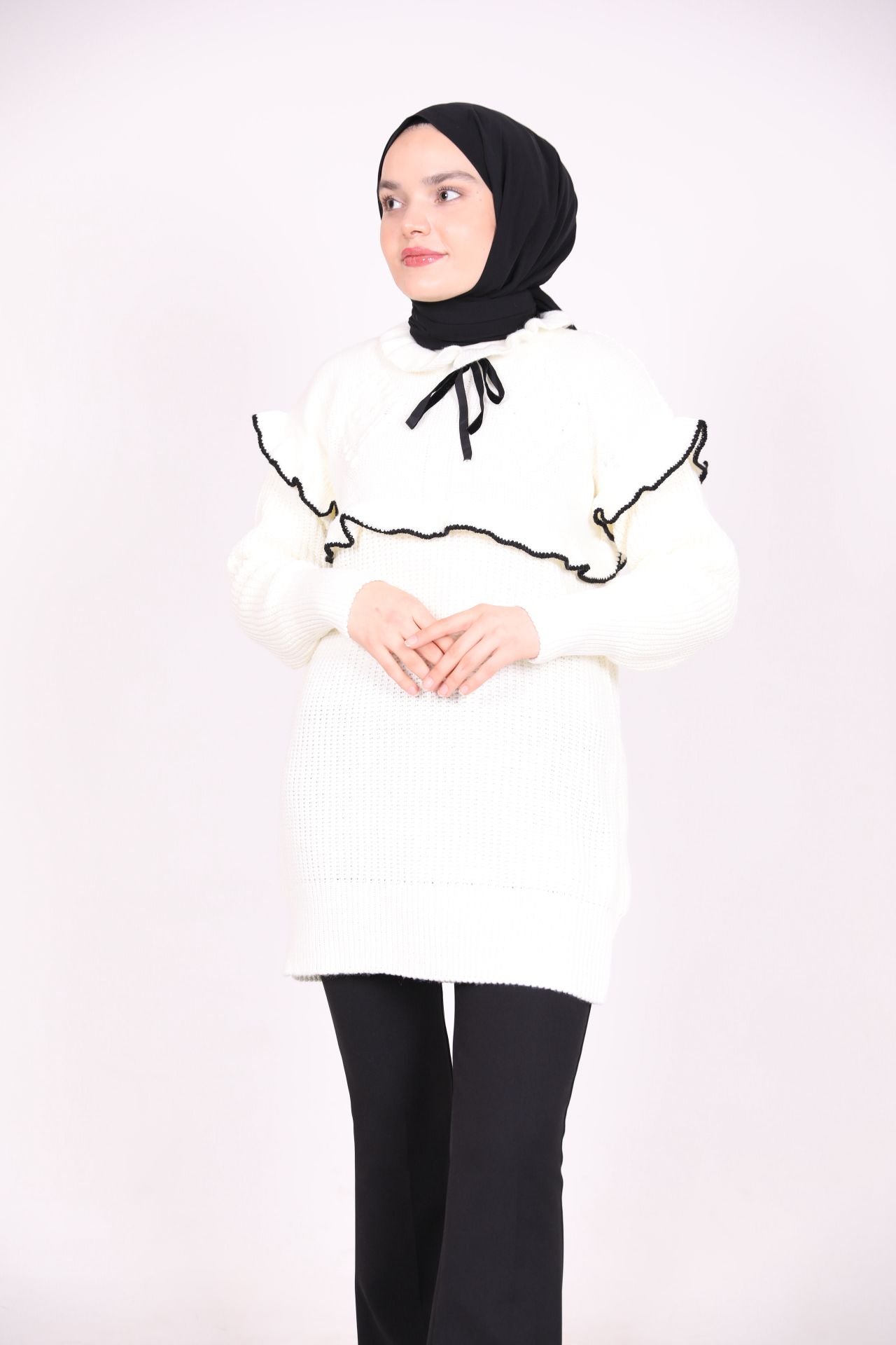 Ruffle Detailed Tied Sweater White