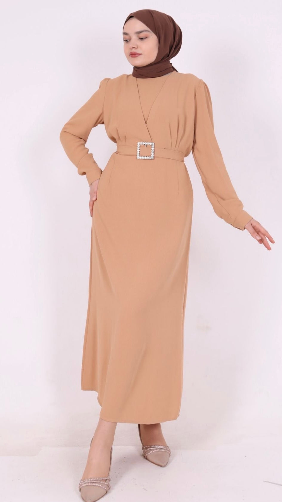 Kemerli Kalem Elbise Camel