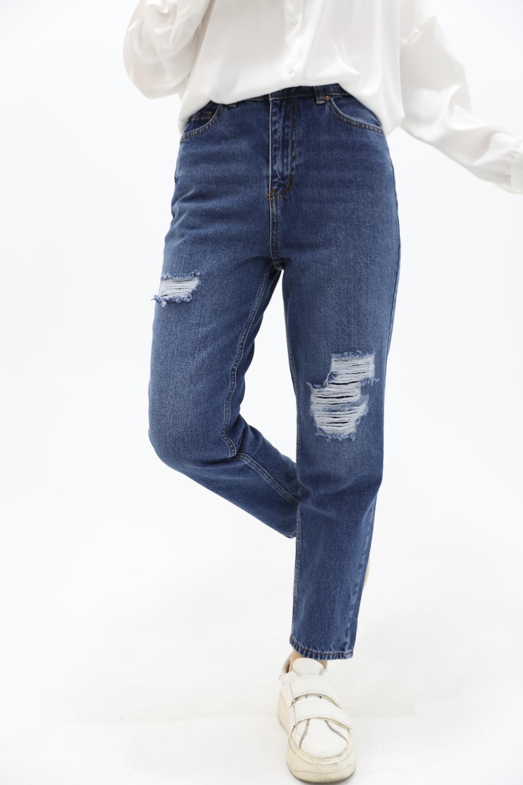 Mom Jean Trousers with Slits at the Knees Blue