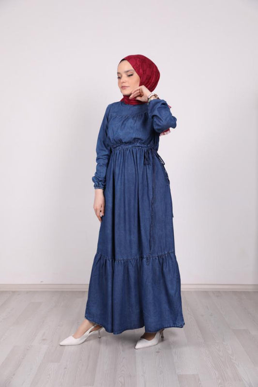 Belted Denim Dress Dark Blue