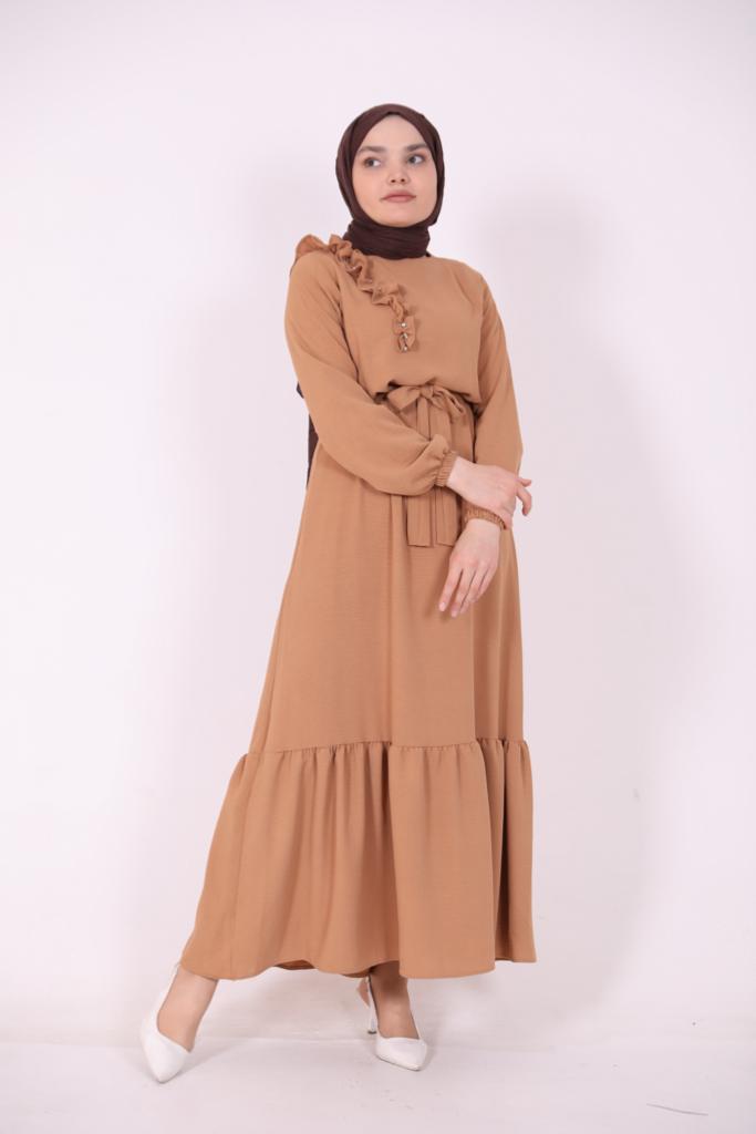 Ruffle Detailed Stone Dress Camel