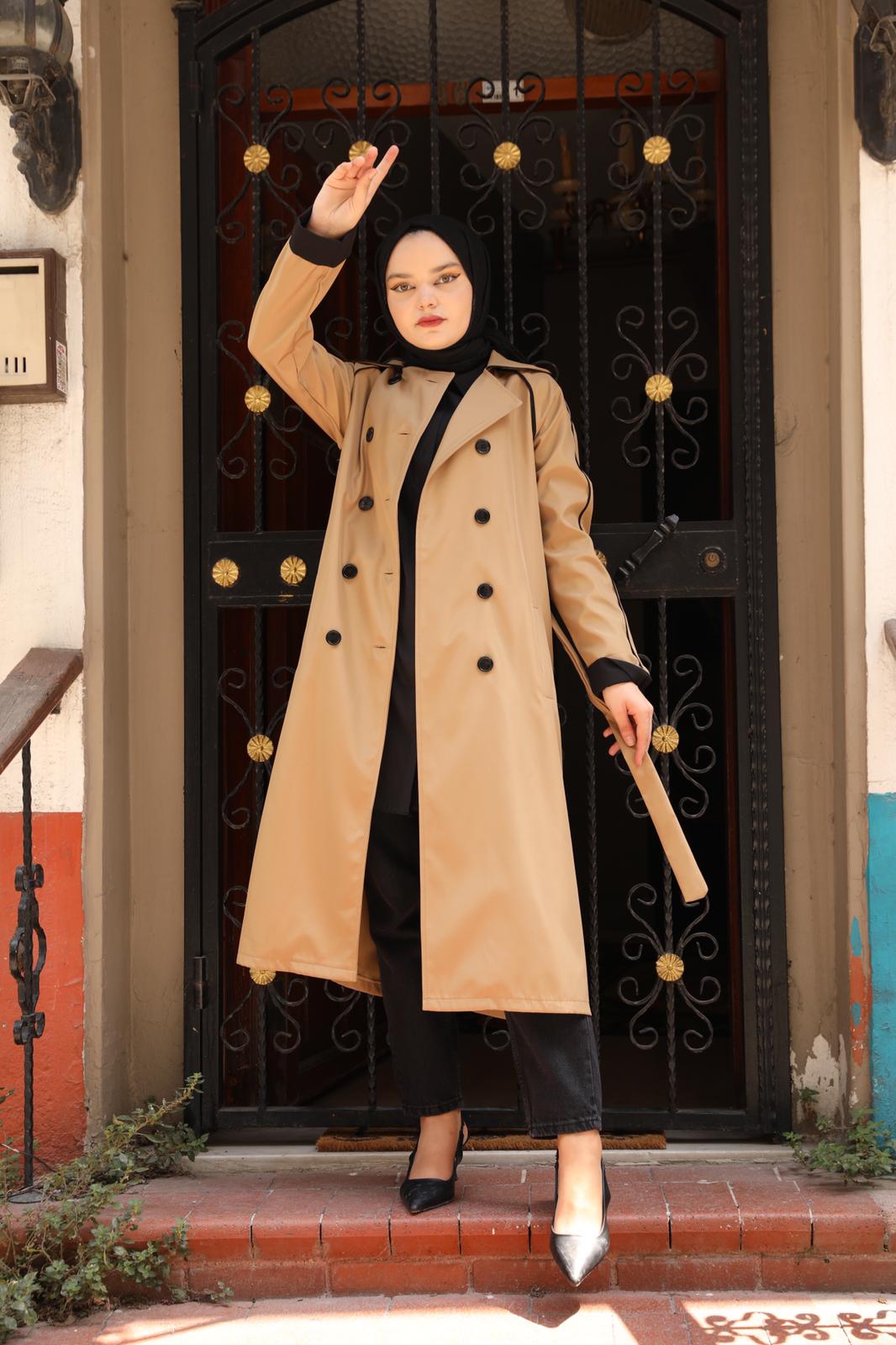 Trench Camel with Stripe and Button Detail