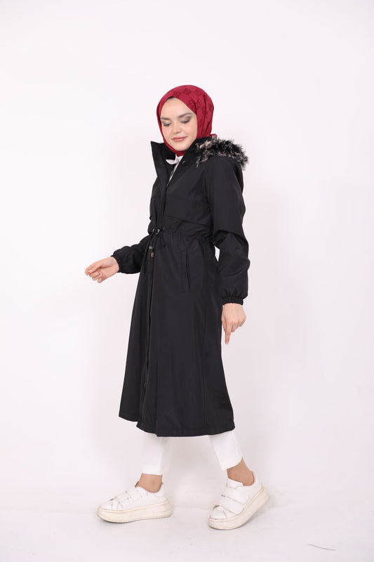 Coat with Coat of Arms and Fur Black