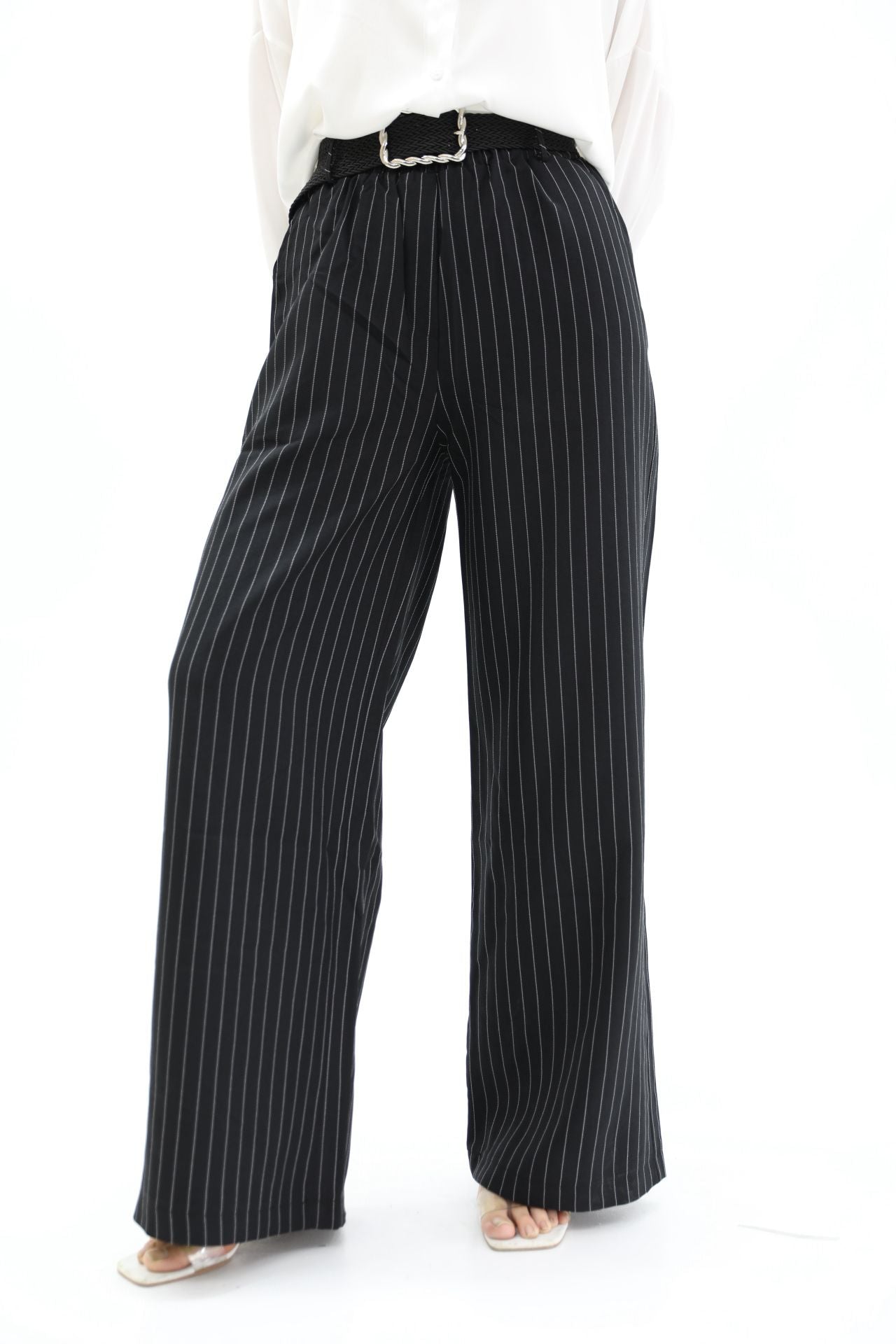 Belted Striped Trousers Black