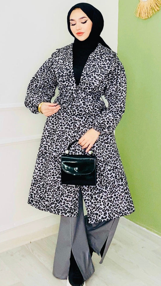 Leopar Desenli Kuşaklı Trenç Gri