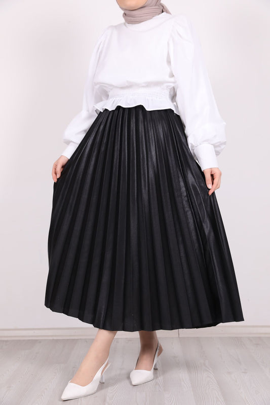 Leather Look Pleated Skirt Black