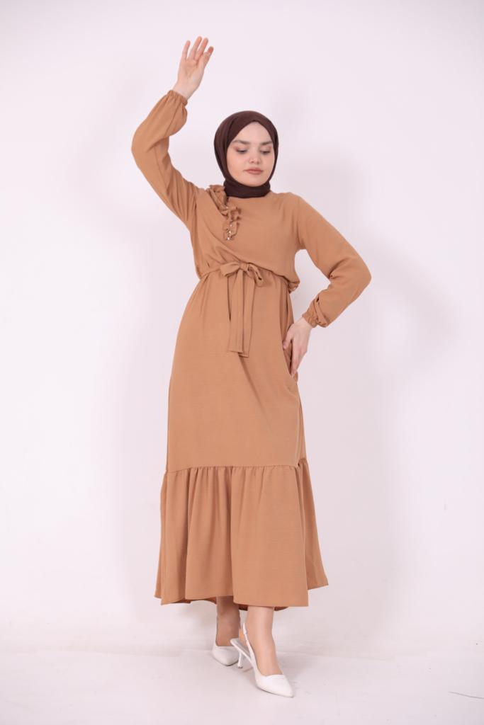 Ruffle Detailed Stone Dress Camel