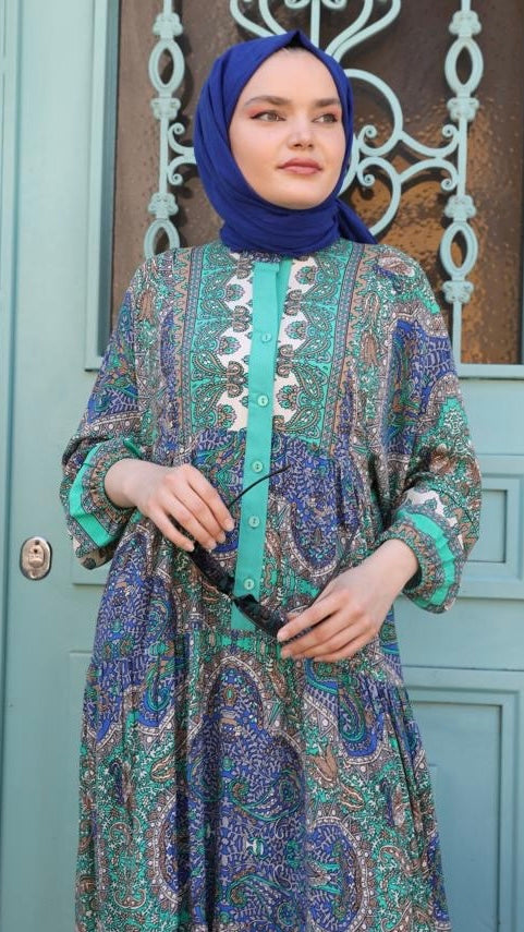 Patterned Buttoned Viscose Dress Green