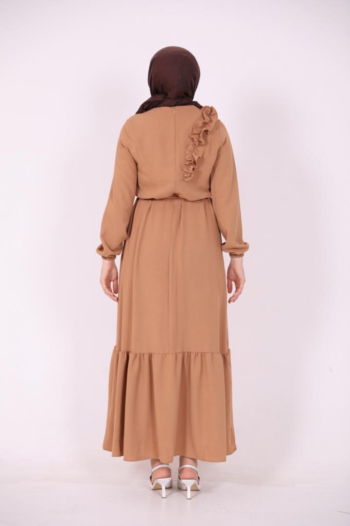 Ruffle Detailed Stone Dress Camel