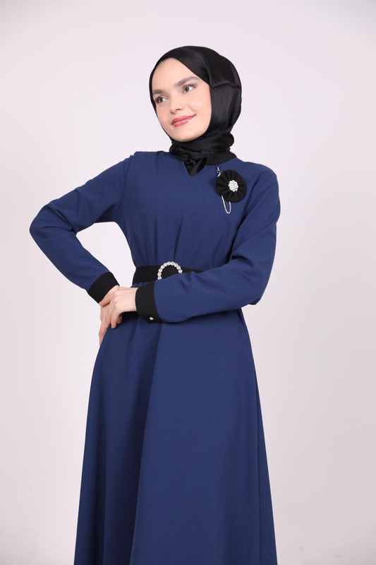 Rose Bronze Belted Dress Navy Blue