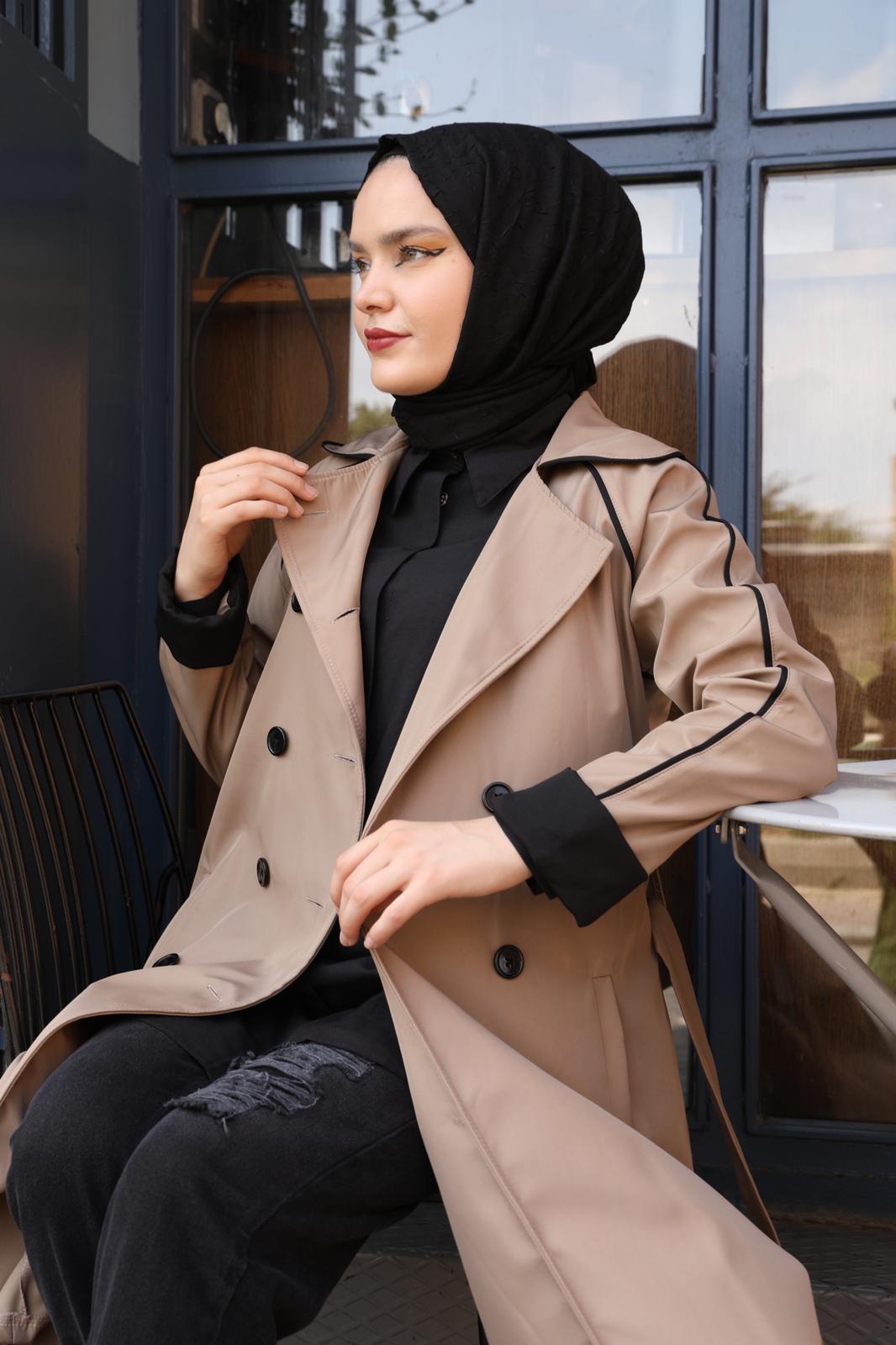 Mink Trench with Stripe and Button Detail