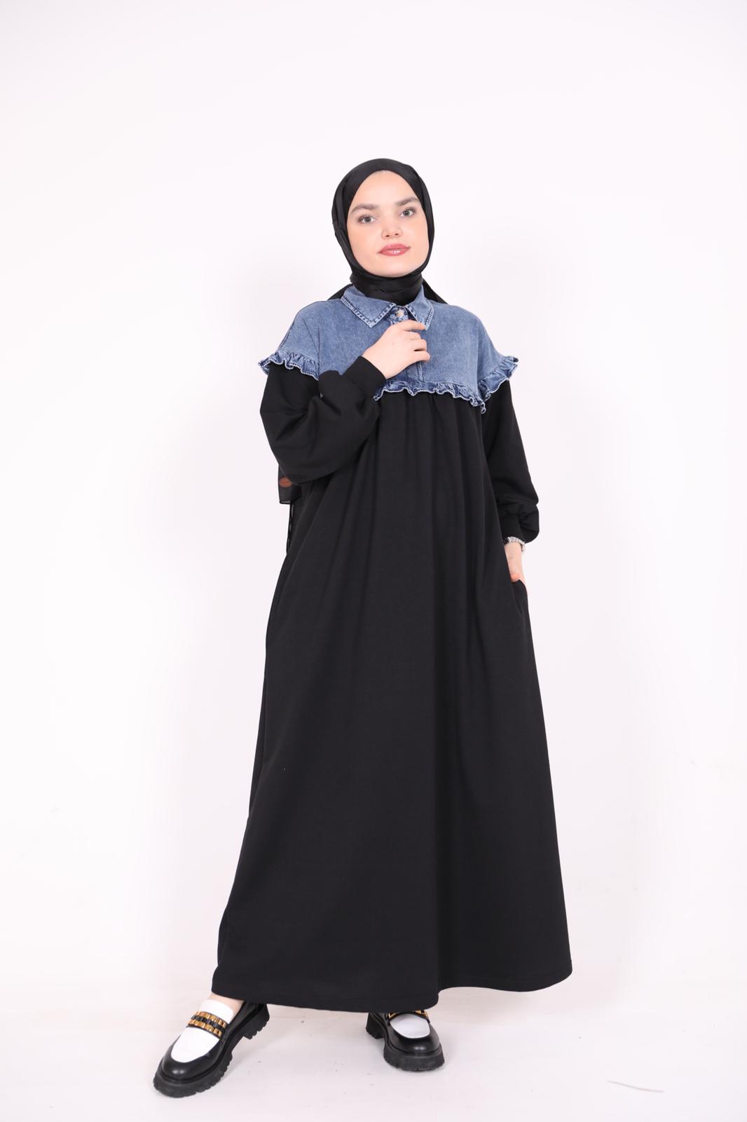 Denim Detailed Robe Dress Black