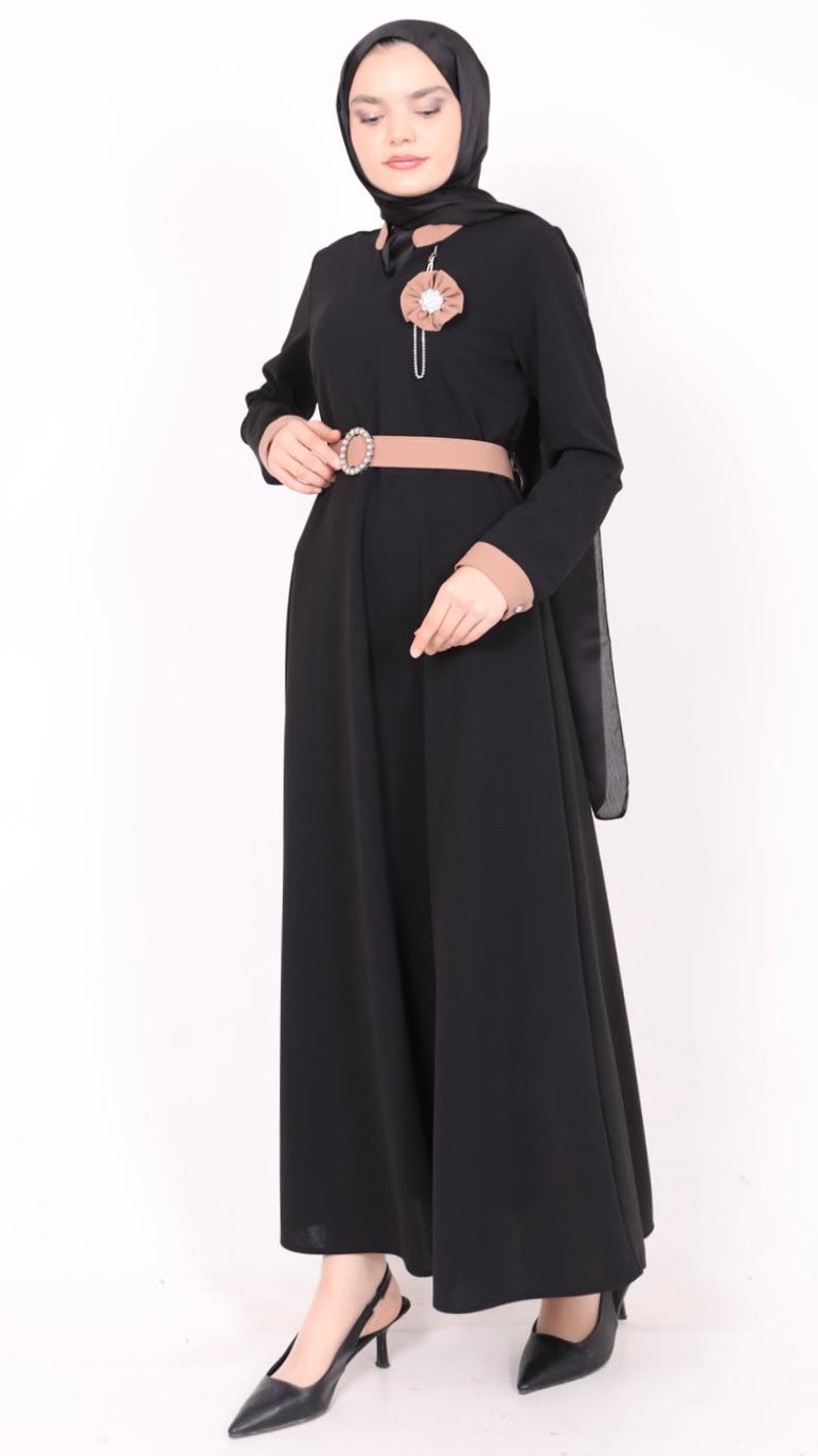Rose Bronze Belted Dress Black