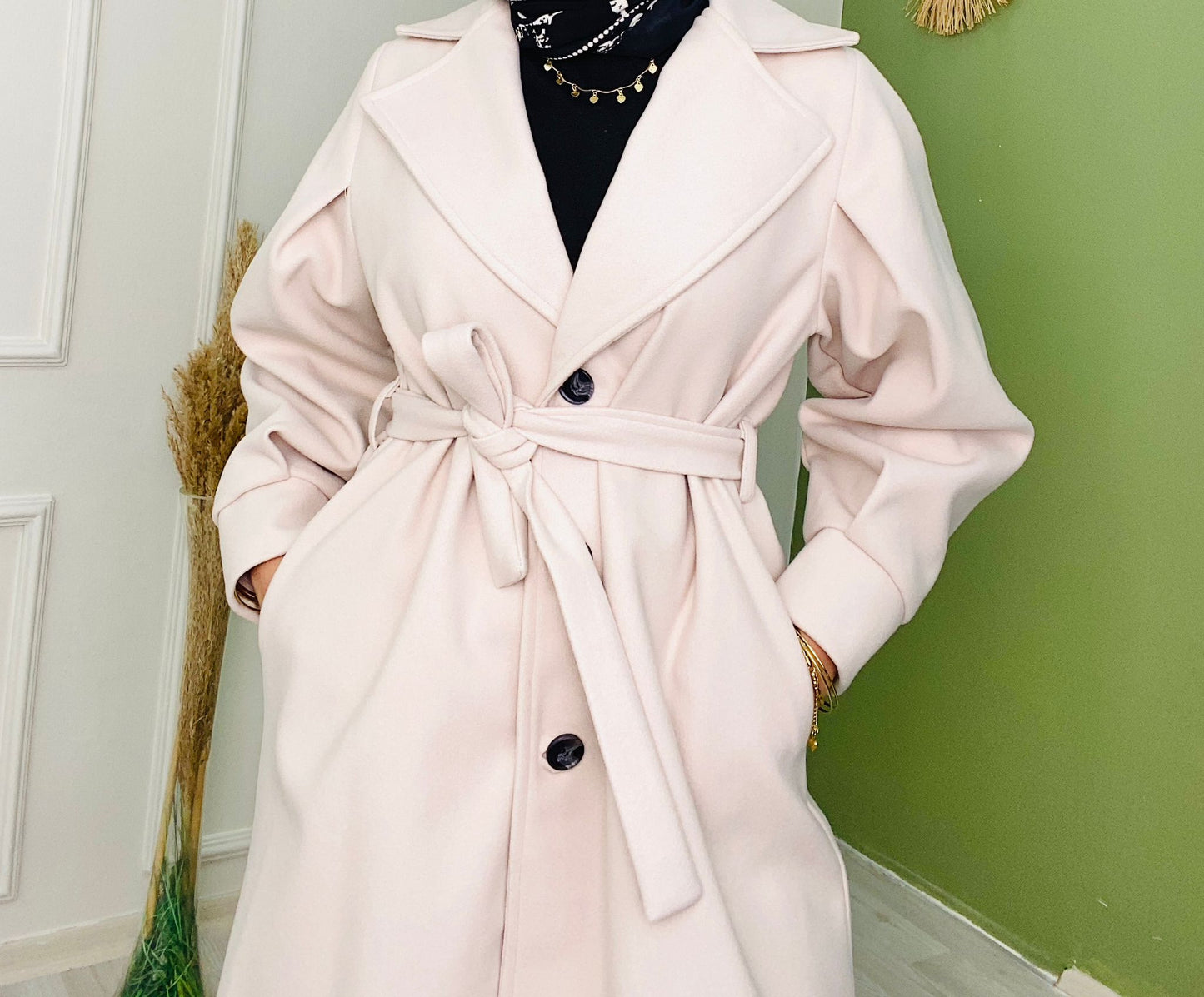 Bracelet Sleeve Belted Coat Beige