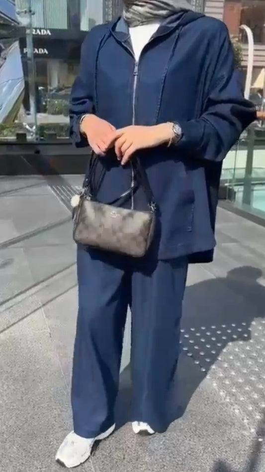 Kapüşonlu Fermuarlı Tansel Takım Koyu Mavi