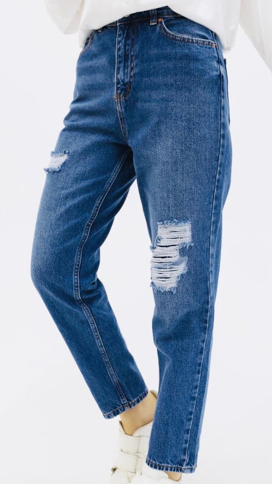 Mom Jean Dizleri Yırtmaçlı Pantolon Mavi