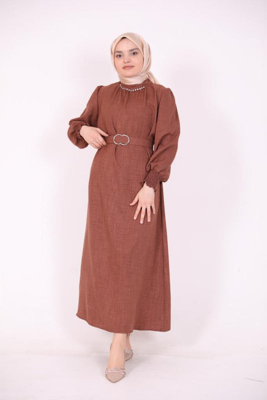 Stoned Collar Belted Dress Brown