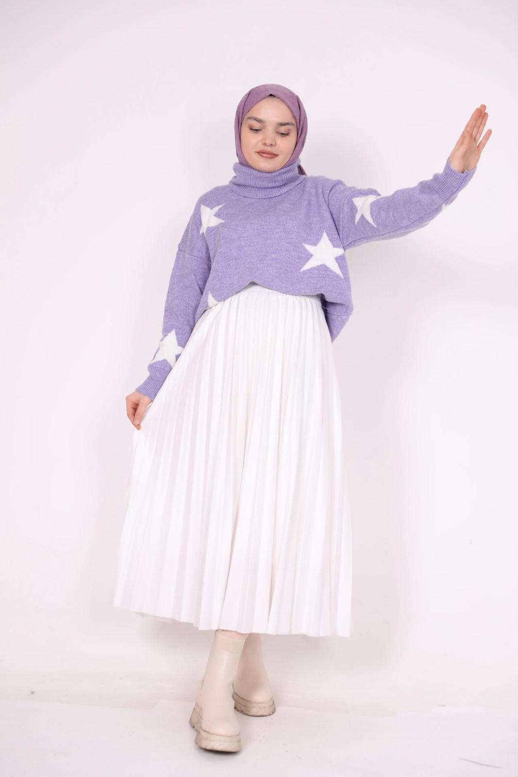 Turtleneck Star Patterned Sweater Lilac
