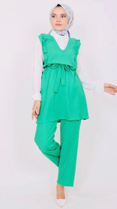 Frilly Front Shirt Detailed Suit Green