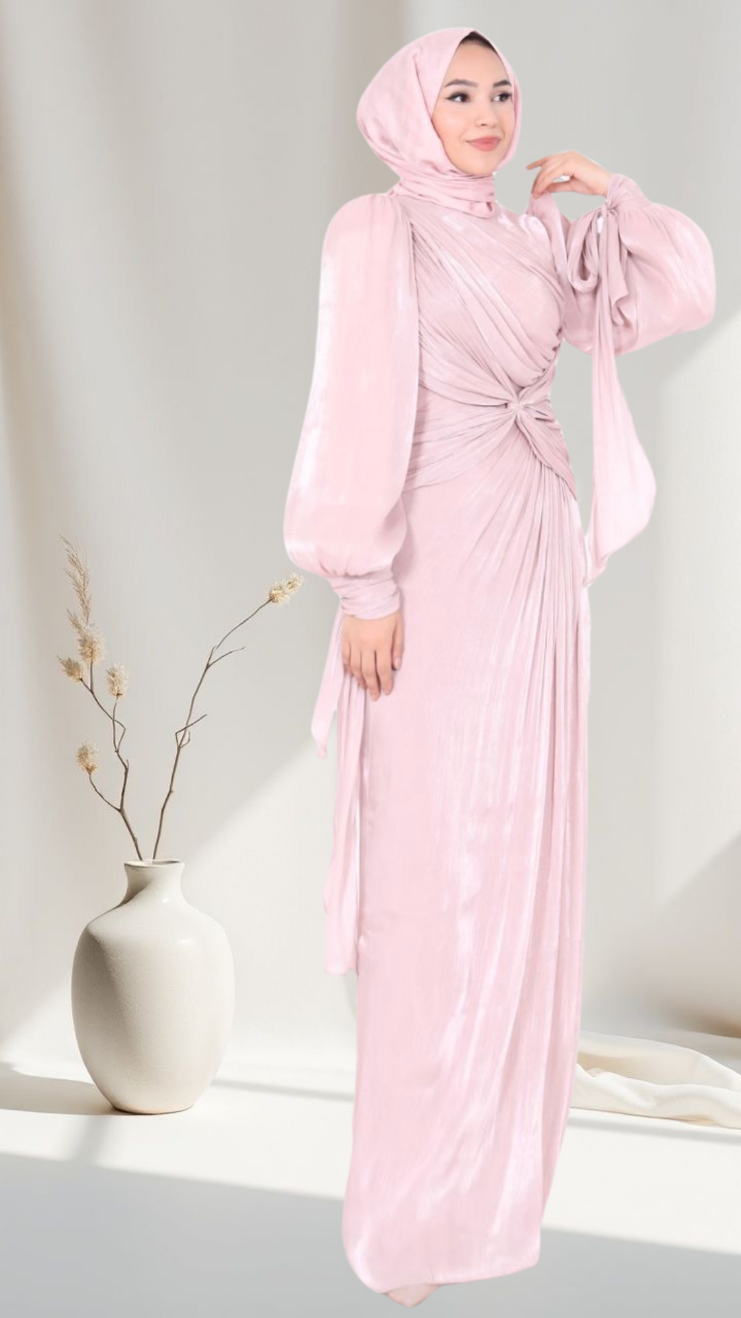 Simetrik Kesim Kolları Bağlamalı Abiye Pudra
