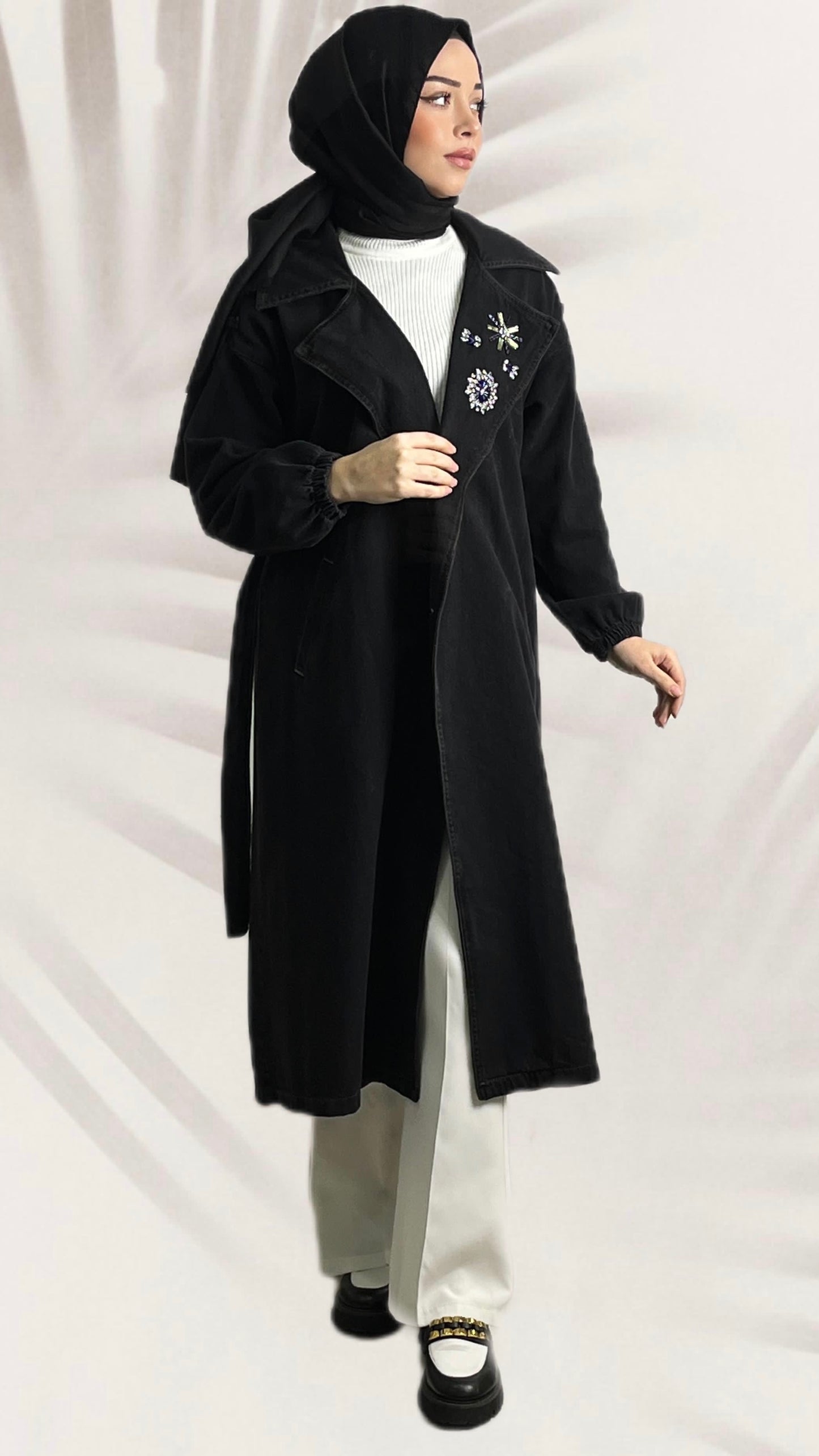 Apeletli Yaka Taşlı Kot Kap Siyah