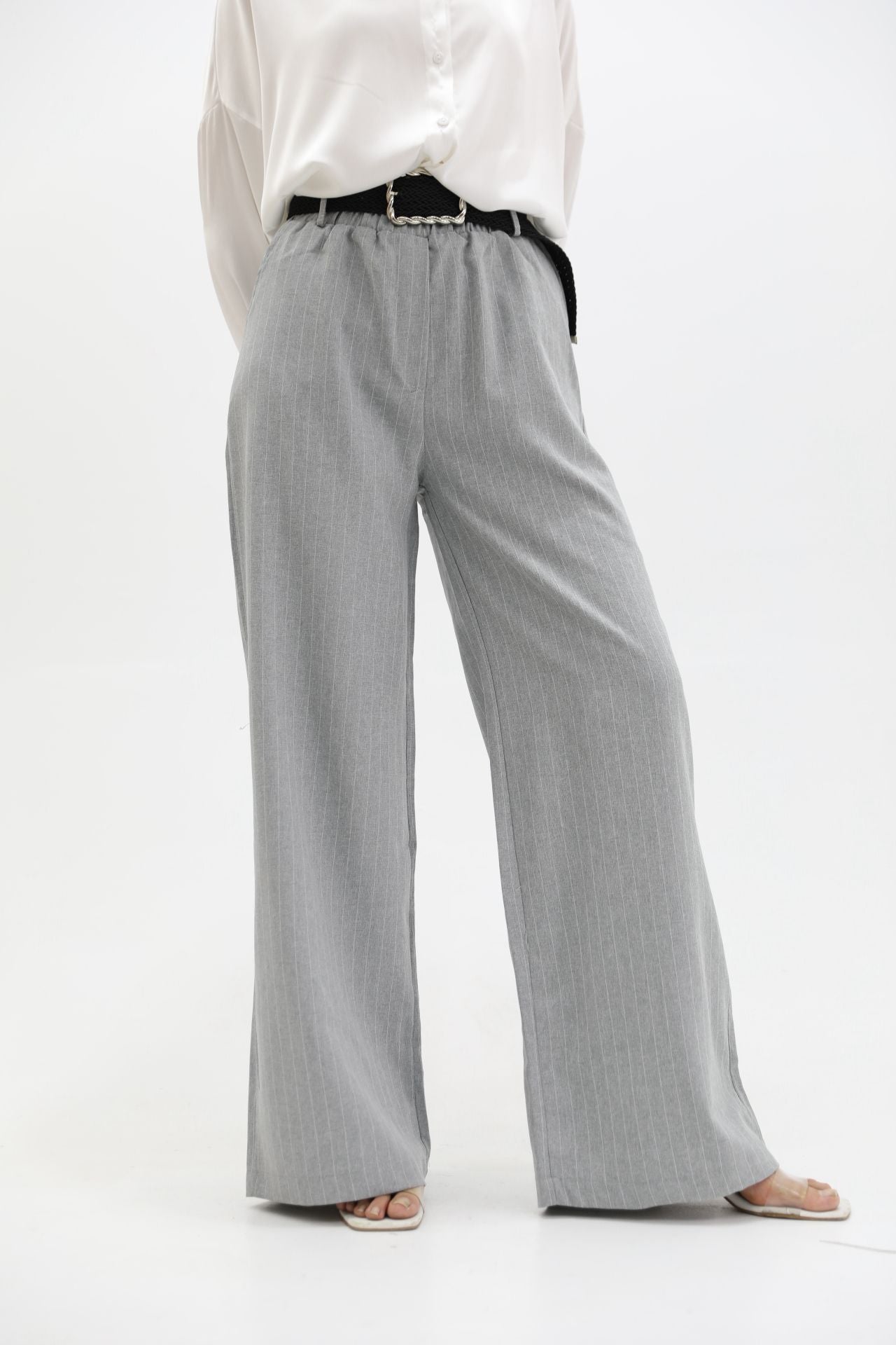 Belted Striped Trousers Gray