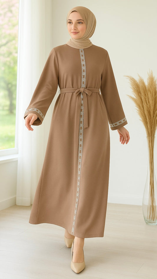Taş İşlemeli Abaya Vizon
