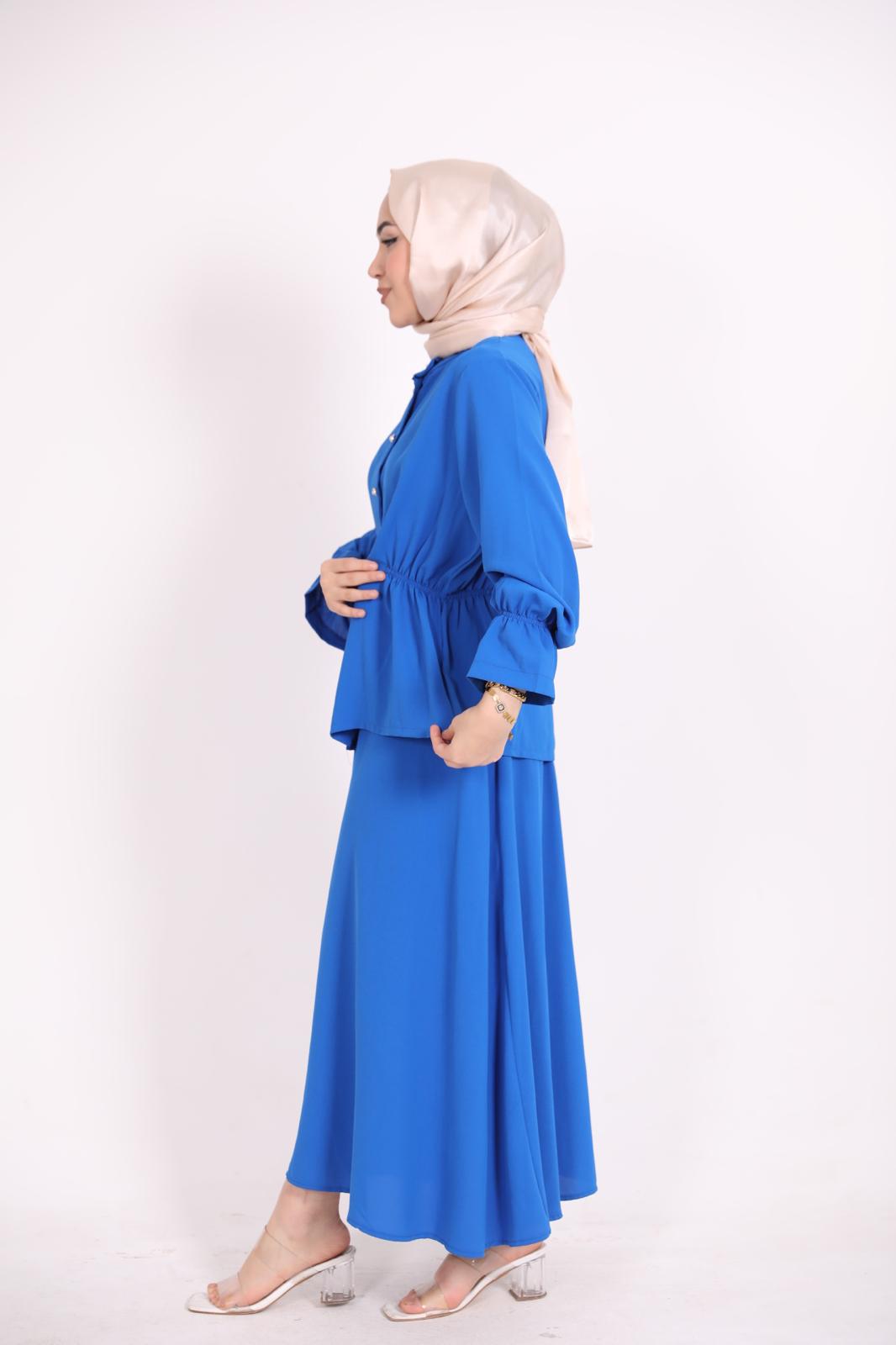 Blue Suit with Gathered Waist Skirt