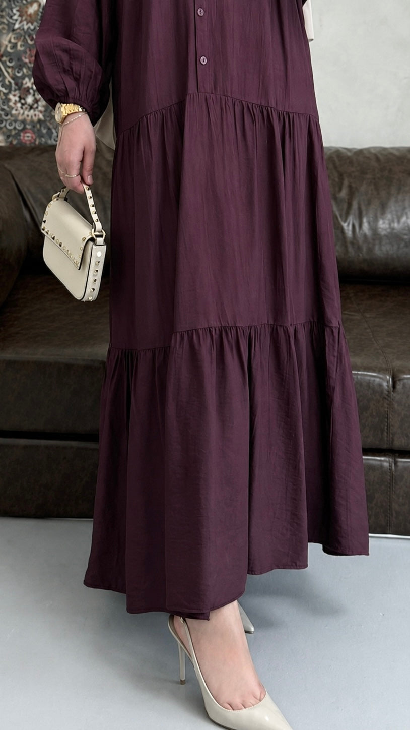 Önü Düğmeli Salaş Model Elbise Mürdüm