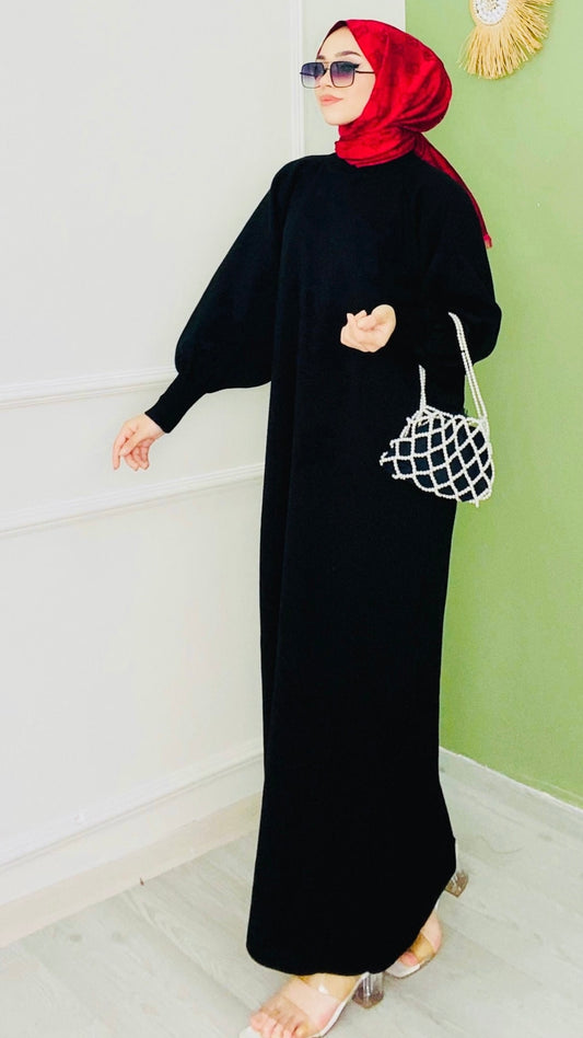 Balon Kol Triko Elbise Siyah