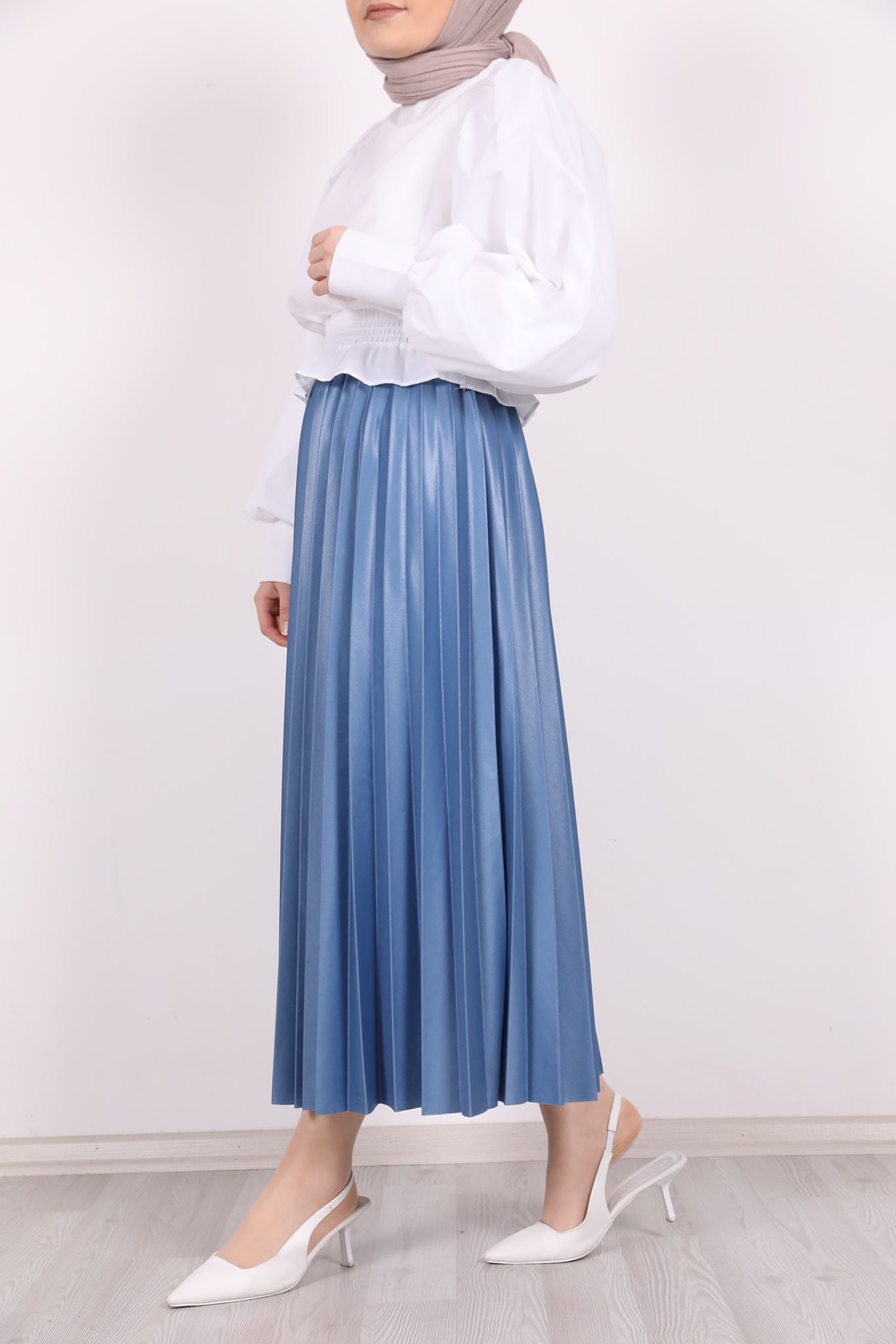 Leather Look Pleated Skirt Blue