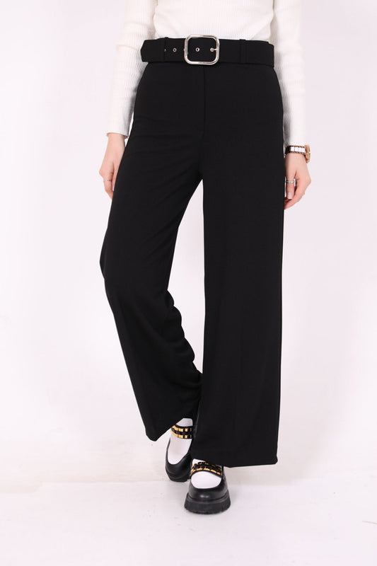 Belted Crepe Fabric Loose Trousers Black