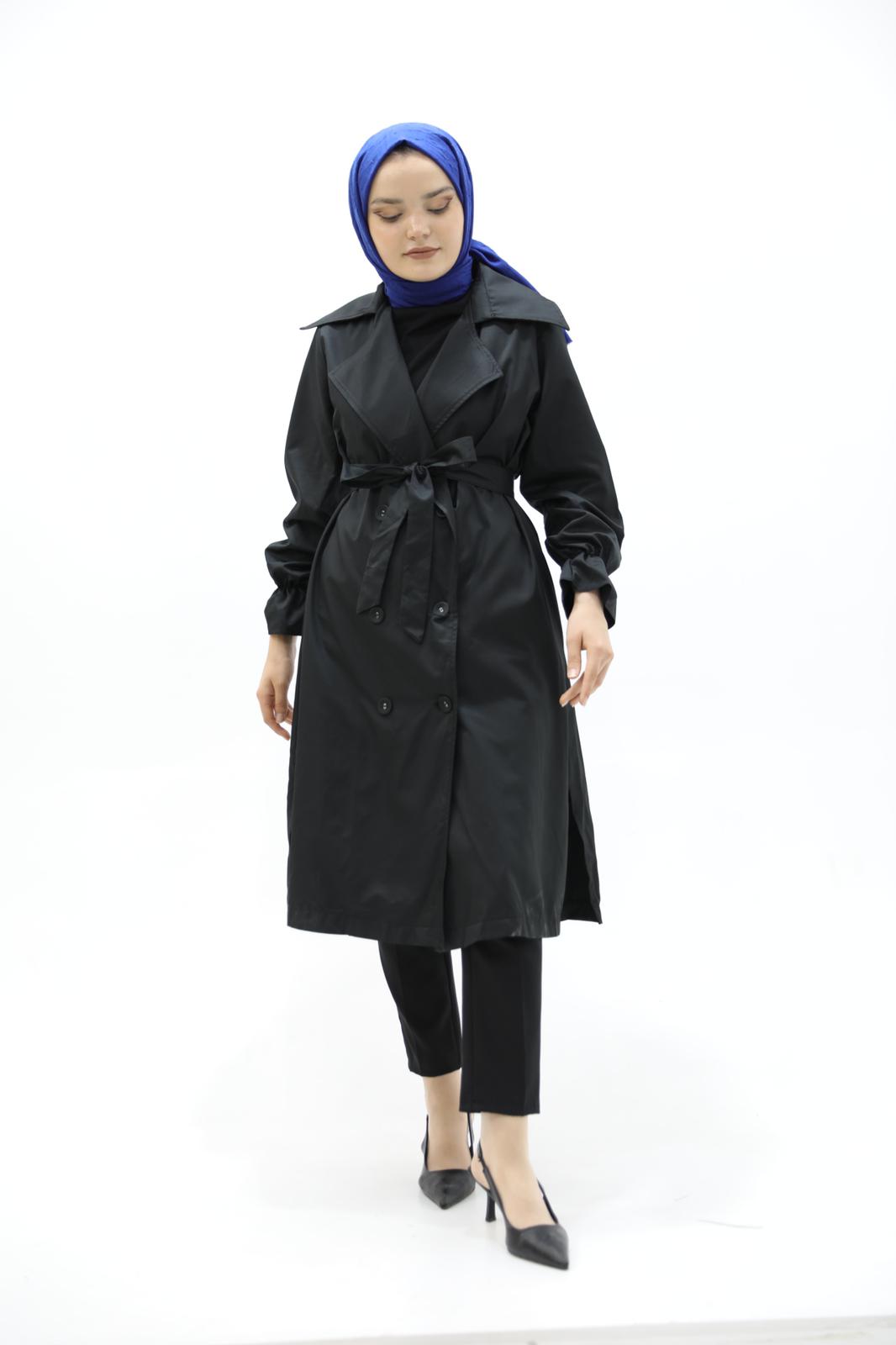 Black Trench with Slit Detail and Elastic Sleeves