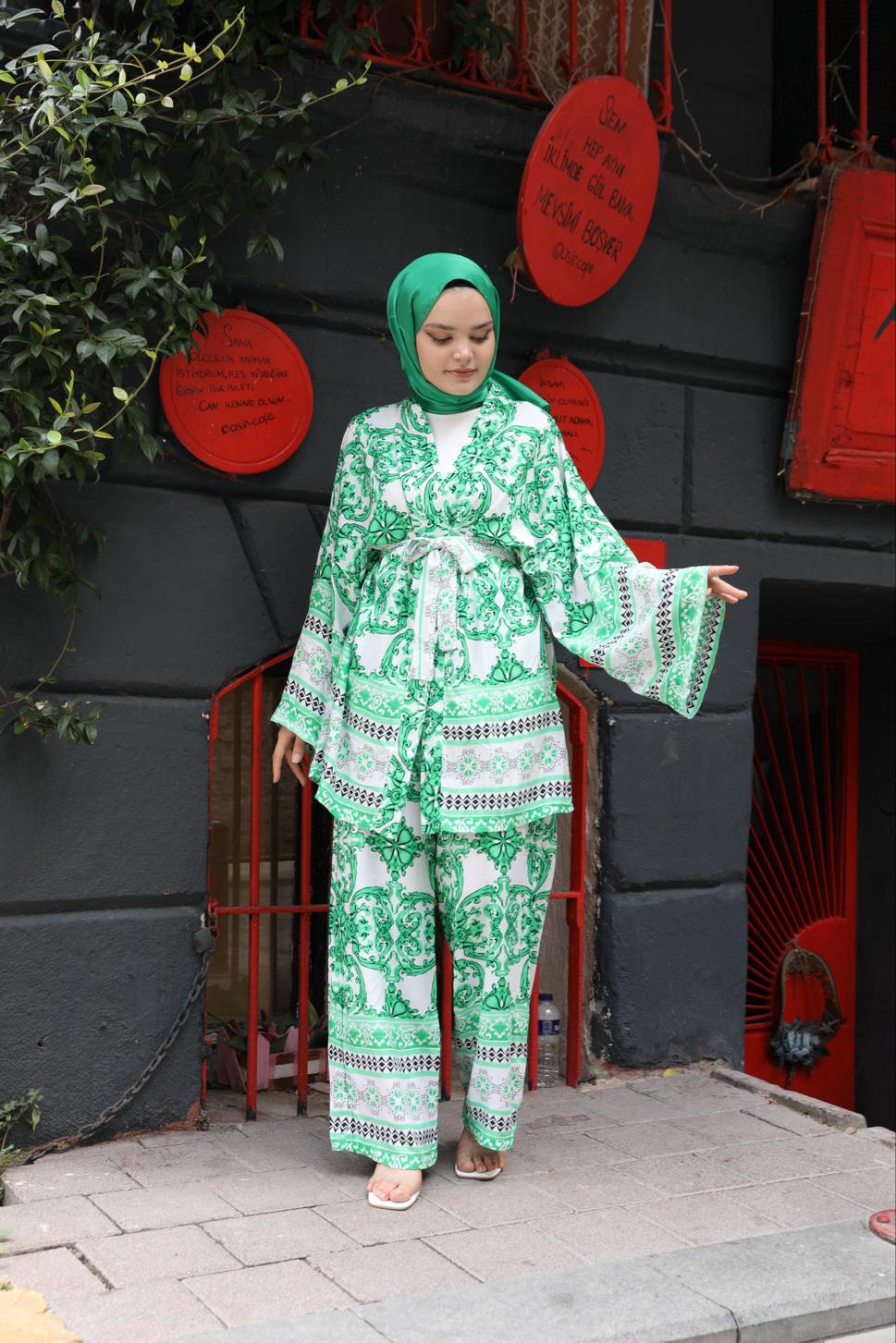 Desenli Kuşaklı Kimono Takım Yeşil