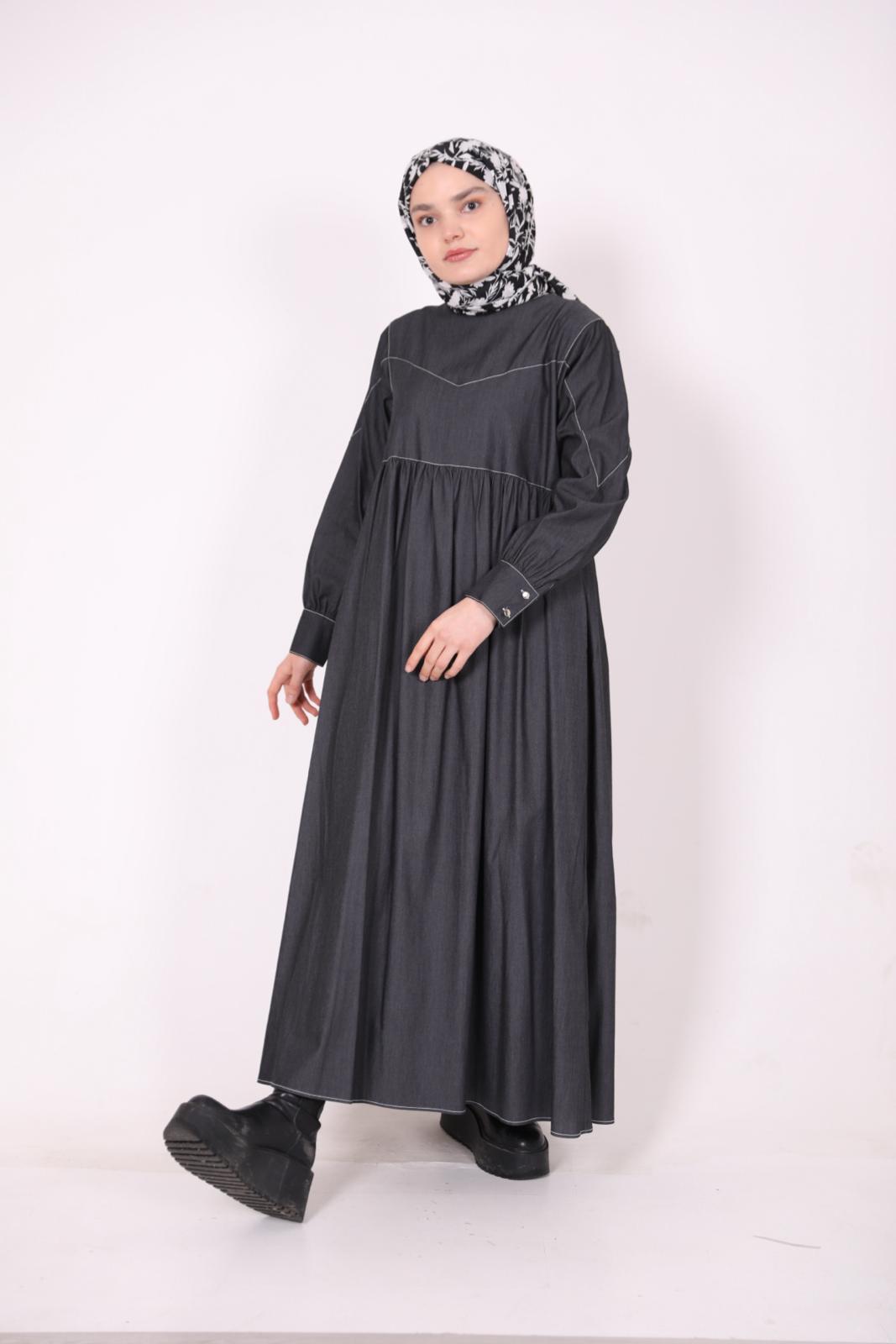 Dikiş Detaylı Kot Elbise Siyah