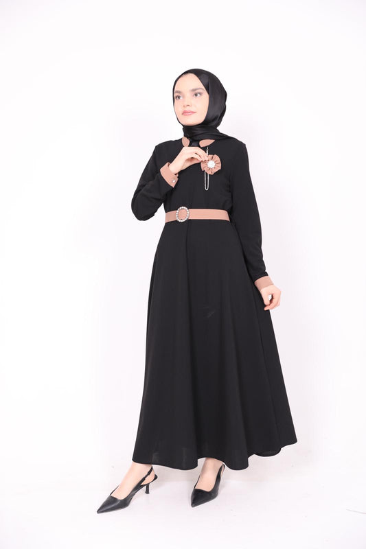 Rose Bronze Belted Dress Black