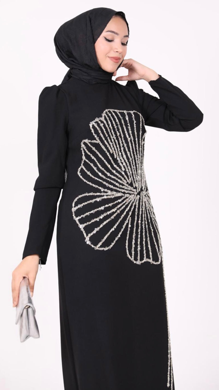 Nursema Model Yaprak Desenli Abiye Siyah