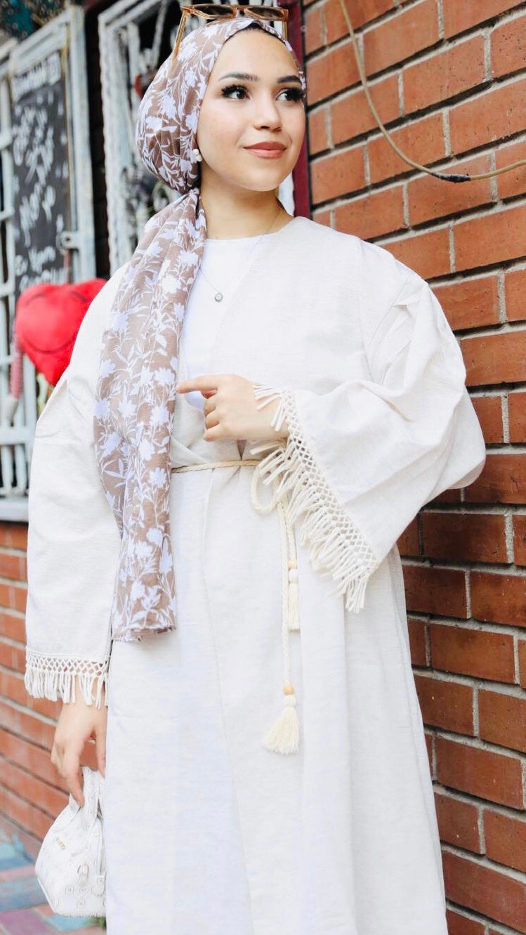 Kolları Püskül Detaylı Kimono Takım Bej