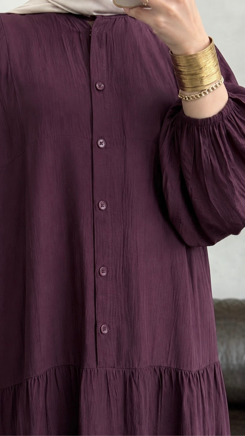 Önü Düğmeli Salaş Model Elbise Mürdüm