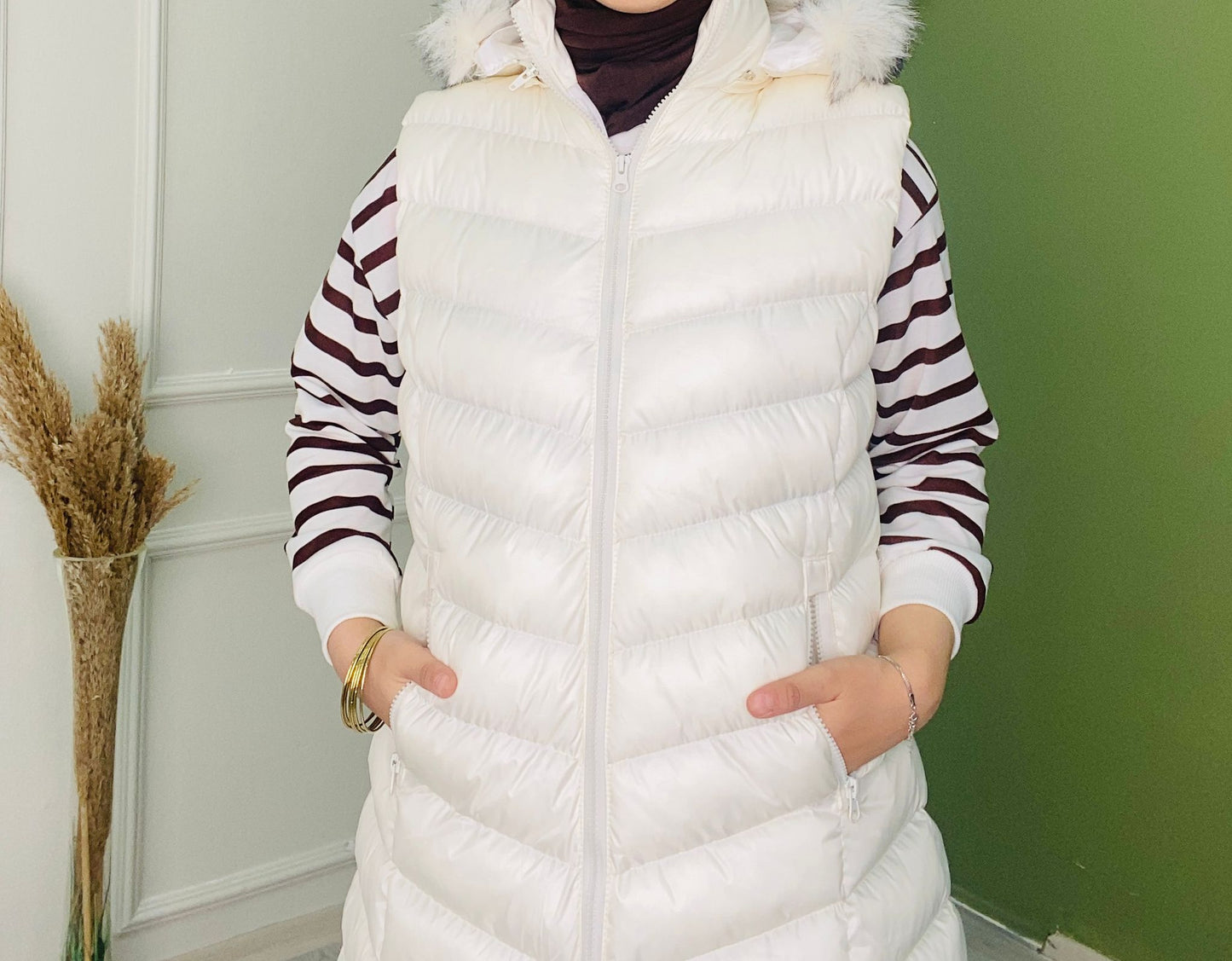 Furry Hooded Puffer Vest White